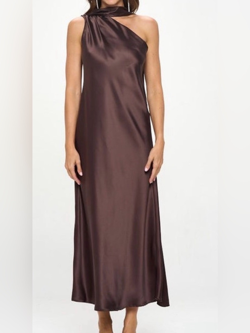 Satin Slip midi Dress in Chocolate Brown with attached scarf